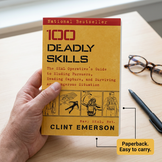 Hand holding the paperback 100 Deadly Skills for scale