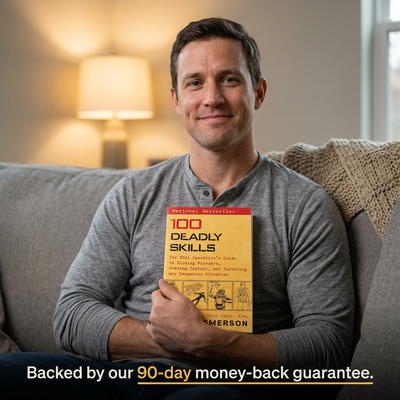 Reader holding 100 Deadly Skills, backed by a 90-day money-back guarantee